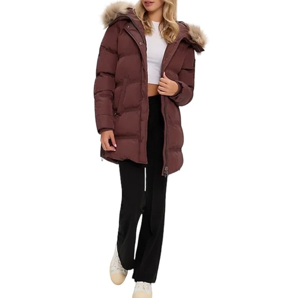 nwt $240 Sam Edelman Faux Fur Trim Hooded Parka Quilted Puffer Coat Burgundy XS - Picture 1 of 16